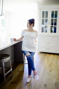 White off shoulder top and skinny jeans outfit- Call me Lore